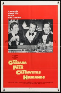 5r459 HUSBANDS 1sh 1970 Ben Gazzara, Peter Falk & John Cassavetes in tuxedos at bar!