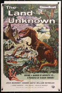 5r513 LAND UNKNOWN 1sh 1957 a paradise of hidden terrors, great art of dinosaurs by Ken Sawyer!