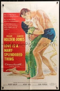 5r551 LOVE IS A MANY-SPLENDORED THING 1sh 1955 art of William Holden holding sexy Jennifer Jones!