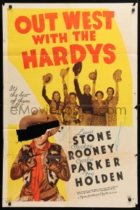 5r685 OUT WEST WITH THE HARDYS style D 1sh 1938 cowboy Mickey Rooney as Andy Hardy, Lewis Stone