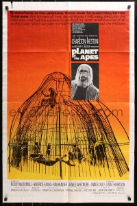 5r703 PLANET OF THE APES 1sh 1968 Charlton Heston, classic sci-fi, cool art of caged humans!