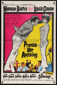 5r722 PROMISE HER ANYTHING 1sh 1966 art of Warren Beatty w/fingers crossed & pretty Leslie Caron!