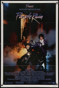 5r724 PURPLE RAIN 1sh 1984 great image of Prince riding motorcycle, in his first motion picture!