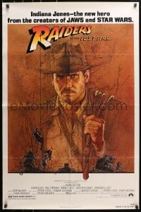 5r732 RAIDERS OF THE LOST ARK 1sh 1981 Richard Amsel art of Harrison Ford, Steven Spielberg!