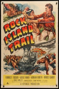 5r758 ROCK ISLAND TRAIL 1sh 1950 Forrest Tucker vs Native Americans, cool train art!
