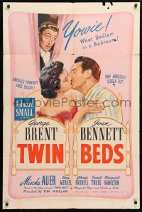 5r914 TWIN BEDS 1sh 1942 wacky artwork of George Brent, Joan Bennett & Mischa Auer!