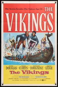 5r929 VIKINGS 1sh 1958 art of Kirk Douglas, Tony Curtis & sexy Janet Leigh on long ship!