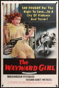 5r945 WAYWARD GIRL 1sh 1957 great artwork of bad girl in nightie & fighting in prison!