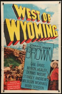 5r952 WEST OF WYOMING 1sh 1950 Johnny Mack Brown standing with gun drawn & on horse on hilltop!