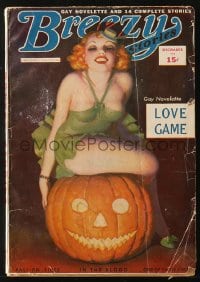 5s102 BREEZY STORIES pulp magazine December 1945 cover art of sexy half-dressed girl on pumpkin!