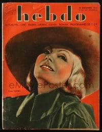 5s284 HEBDO French magazine December 22, 1933 great cover portrait of beautiful Greta Garbo!