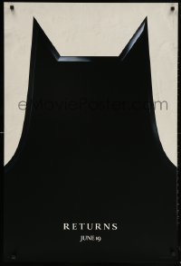 5t089 BATMAN RETURNS teaser 1sh 1992 Burton, Keaton, cool partial bat symbol, dated design!