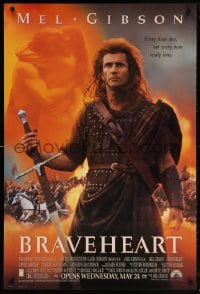 5t146 BRAVEHEART advance 1sh 1995 cool image of Mel Gibson as William Wallace!