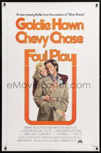 5t326 FOUL PLAY 1sh 1978 wacky Lettick art of Goldie Hawn & Chevy Chase, screwball comedy!