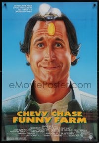 5t336 FUNNY FARM 1sh 1988 George Roy Hill, smiling Chevy Chase w/egg cracked over his head!