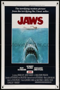 5t470 JAWS int'l 1sh 1975 Roger Kastel art of Spielberg's man-eating shark attacking sexy swimmer!