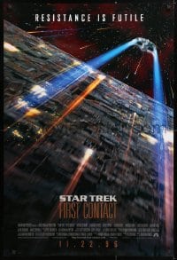 5t832 STAR TREK: FIRST CONTACT int'l advance DS 1sh 1996 starship Enterprise above Borg cube!