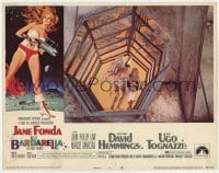 5w259 BARBARELLA LC #8 1968 sexy Jane Fonda & winged John Phillip Law in glass passage, Roger Vadim
