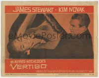 5w918 VERTIGO LC #4 1958 Alfred Hitchcock classic, c/u of James Stewart choking brunette Kim Novak!