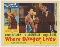 5w946 WHERE DANGER LIVES LC #8 1950 Robert Mitchum grabs Faith Domergue while he's on the phone!