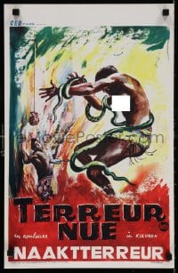 5y372 NAKED TERROR Belgian 1961 wild artwork of topless woman dancing with snakes, Terreur Nue!