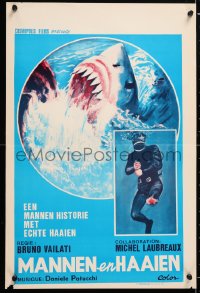 5y398 SHARKS & MEN Belgian 1976 Bruno Vailati, wild gross-out art of shark & man w/severed leg!