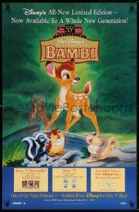 5z087 BAMBI 26x40 video poster R1997 Walt Disney cartoon deer classic, great art with Thumper & Flower!