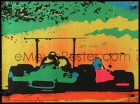 5z263 MOVIN' OUT 21x28 commercial poster 1970 really colorful art of two F1 race cars on track!