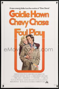5z638 FOUL PLAY 1sh 1978 wacky Lettick art of Goldie Hawn & Chevy Chase, screwball comedy!