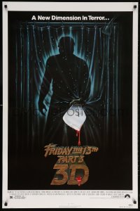 5z642 FRIDAY THE 13th PART 3 - 3D 1sh 1982 slasher sequel, art of Jason stabbing through shower!