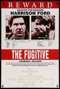 5z647 FUGITIVE recalled int'l 1sh 1993 Harrison Ford is on the run, cool wanted poster design!