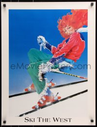 5z079 SKI THE WEST 20x26 travel poster 1980s United Airlines, art of pretty woman skiing!