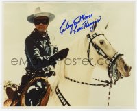 6b649 CLAYTON MOORE signed color 8x10 REPRO still 1990s great c/u as the Lone Ranger riding Silver!