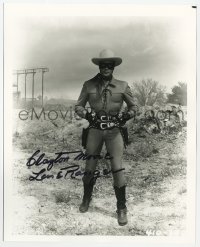 6b738 CLAYTON MOORE signed 8x10 REPRO still 1990s great c/u as the Lone Ranger with two guns drawn!