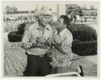 6b328 LARRY HAGMAN signed TV 7x9 still 1979 with Jim Davis, who's having a heart attack in Dallas!