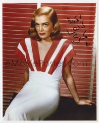 6b670 LIZABETH SCOTT signed color 8x10 REPRO still 1990s sexy seated portrait wearing red & white!