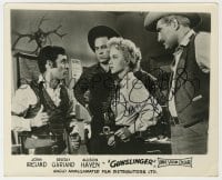 6b146 BEVERLY GARLAND signed English FOH LC 1956 looking concerned with three men in Gunslinger!
