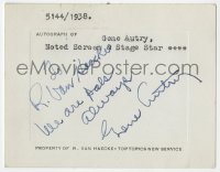 6b139 GENE AUTRY signed 4x5 autograph card 1938 it can be framed with the included repro!