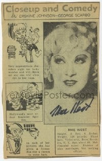 6b153 MAE WEST signed 4x6 newspaper clipping 1930s Closeup and Comedy article with cartoon art!