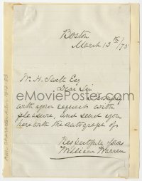 6b137 WILLIAM WARREN signed letter 1875 Boston stage actor who performed for decades!