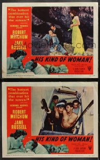 6c937 HIS KIND OF WOMAN 2 LCs 1951 Robert Mitchum, sexy Jane Russell, Vincent Price, Howard Hughes!
