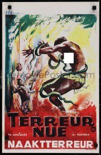 6f313 NAKED TERROR Belgian 1961 wild artwork of topless woman dancing with snakes, Terreur Nue!