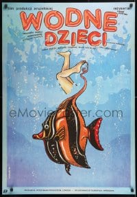 6f447 WATER BABIES Polish 26x38 1984 different bizarre Witold Dybowski art of fish w/sexy legs!