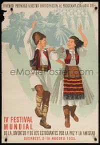 6g340 4TH WORLD FESTIVAL OF YOUTH & STUDENTS 23x33 Spanish special poster 1953 art of dancers!