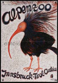 6g095 ALPENZOO 32x45 Austrian advertising poster 1980s Kumpf art of the rare northern bald ibis!