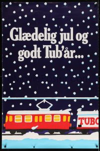 6g114 TUBORG JULEBRYG 32x48 Danish advertising poster 1960s cool art of trains on snowy night!