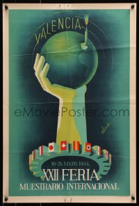 6g543 XXII FERIA MUESTRARIO INTERNACIONAL globe style 17x25 Spanish special poster 1944 Calandin art