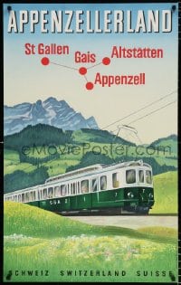 6g117 APPENZELLERLAND 25x40 Swiss travel poster 1950 art of a train with mountains in background!