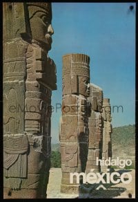 6g135 HIDALGO MEXICO 24x35 Mexican travel poster 1980s image of Atlantes at the Tula site!