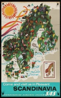 6g148 SAS SCANDINAVIA 25x39 Danish travel poster 1963 Scandinavian Airlines, map art by Clausen!